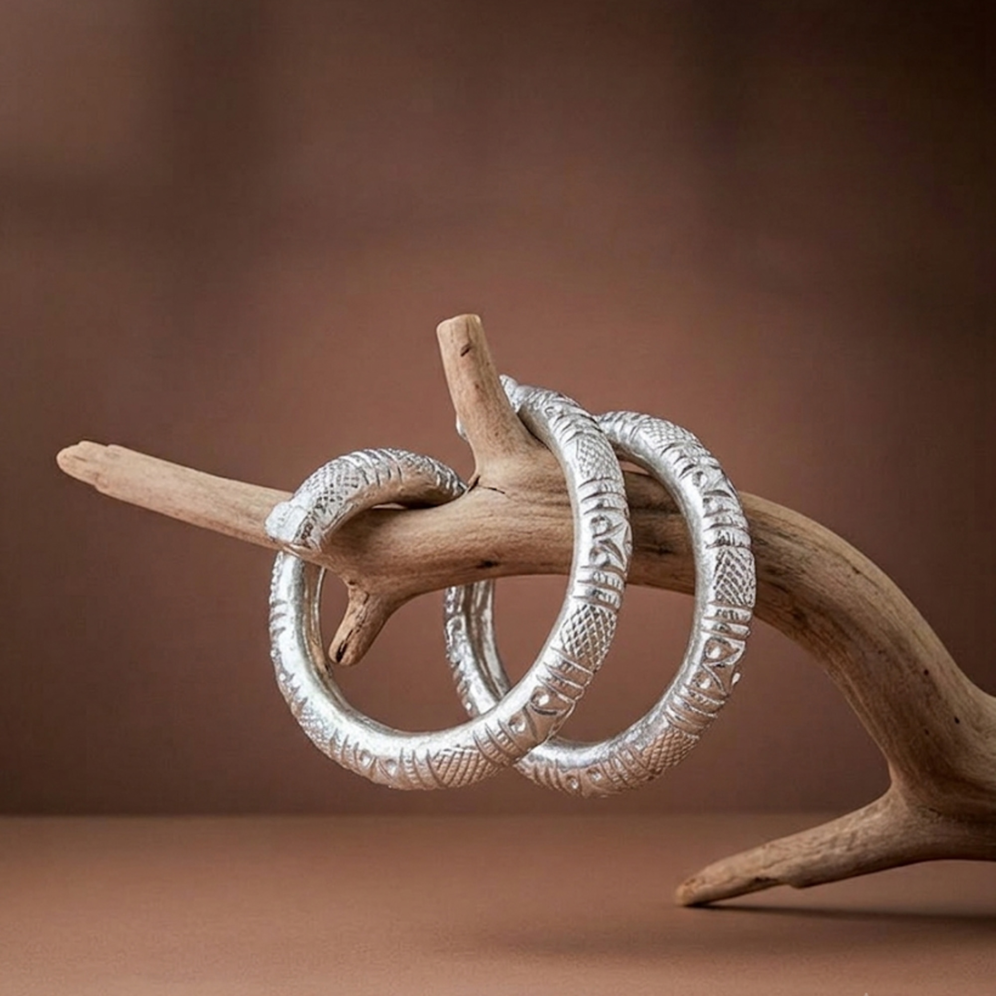 Tribal Heritage Kada Pair |Handmade Ethnic Silver Bangles - Image 2