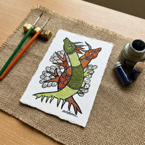 Handmade Tribal Bird Art Painting on Paper – Colorful Folk Bird